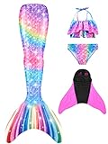 NAITOKE meerjungfrauenflosse mädchen Badeanzug - Meerjungfrau Flosse Bademode mit Bikini Set und Monoflosse Mermaid Tail, 4 Stück Set