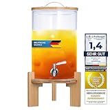 Getränkespender mit tropfsicheren Zapfhahn aus Edelstahl Wasserspender aus Glas mit Bambus Ständer und Deckel Limonadenspender aus hitzebeständigen Borasilikatglas (8 L)