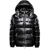 Winterkapuzenjacke, warm, mittleres Gewicht, Metallic-Daunenjacke, Reißverschluss, Steppung, glänzender Puffermantel, Schwarz , S