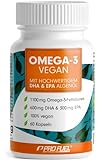 Omega-3 vegan Kapseln 60x - 2000 mg Algenöl pro Tag - hochdosiert: 600 mg DHA + 300 mg EPA - hochwertige Omega-3 Algenöl Kapseln mit DHA & EPA (2:1)