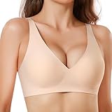 JOYTREE Glatter BH Damen Ohne Bügel mit tiefem V-Ausschnitt Klassische Nahtloser Bügelloser BHS Bequem Seamless Tshirt Bustier Soft Schlaf Bra mit zusätzlicher Verlängerung Fleischfarben M