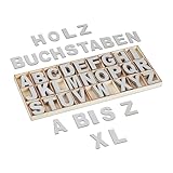 Relaxdays Holzbuchstaben Set, 208-tlg., Großbuchstaben A-Z, Deko-Buchstaben zum Basteln & Bemalen, mit Box, grau