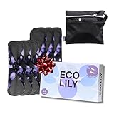 Eco Lily 6 Pack Slipeinlagen Waschbar Damenbinden mit Bambuskohle | Wiederverwendbare, wasserdichte, saugfähige Menstruationspads | Mittlere bis starke Perioden | Bonus Aufbewahrungstasche