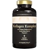 Hyaluron Kollagen Komplex - 270 hochdosierte Kapseln - Angereichert mit Biotin, Selen, Zink, Vitamin C und Bambusextrakt für Haut, Haare und Nägel - Made in Germany - Satin Naturel