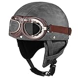 Motorradhelm Aus Leder Im Deutschen Stil, DOT/ECE-Geprüft, Erwachsene, Männer, Frauen, Vintage-Helm, Jet-Pilot, Moped, Scooter, Totenkopfhelm Mit Schutzbrille,Gray b,XL