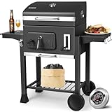 Holzkohlegrills, Grillwagen XXL, kohlegrill groß, Holzkohlegrill mit Deckel, Rädern und Thermometer, Edelstahl-Griff, Smoker Grill, Holzkohlegrill mit ablage, Grill für Camping und Garten, Schwarz