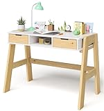 Bellabino Campo Kinderschreibtisch höhenverstellbar 56-75 cm – Schreibtisch Kinder ab 6 Jahren mit 2 Schubladen – Schülerschreibtisch mit viel Stauraum aus Massivholz Kiefer in Weiß