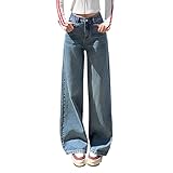 CreoQIJI Baggy Jeans Damen High Waist Jeanshosen Wide Leg Damenhose Sommer Denim Pants Jeanshose Leichte Dünne Sommerhose Weites Bein Freizeithose Lässig Hose Lang Gerades Bein Damenjeans
