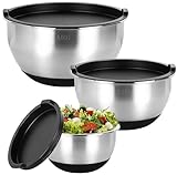 Bastwe Rührschüssel 3er Set, Edelstahl Schüssel Salatschüssel Set mit luftdichten Deckel, Stapelbar und Rutschfesten Böden, Größe 4, 2, 1 QT, ideal zum Mischen und Servieren