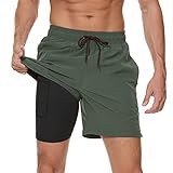 Arcweg Badehose für Herren mit Kompression Liner 2 in 1 Atmungsaktiv Badeshorts Männer Elastisch Trainingsshorts Verstellbar Tunnelzug mit Reißverschlusstaschen Militärgrün XL