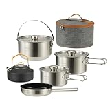 Camping Kochgeschirr Set 304 Edelstahl 10-teilige Töpfe Pfannen, Wasserkocher, Reise Mesh Tasche für Camping, Trekking, Garten Picknick, Backpacking Ausrüstung