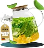 CLIDOR ® - Glaskaraffe - 1,6 Liter ( verstärkte Glasdicke ) Karaffe für Heiß- & Kaltgetränke - Tropffreier Ausguss - Wasserkaraffe - Teekanne Glas - robuste Glaskaraffe mit Deckel - 1,6L Wasserkrug