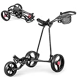 GOPLUS Golftrolley, Faltbarer Golfwagen mit 3 Gummirädern & verstellbarem Handgriff, Golf Cart aus Eisen, inkl.Trinkflaschenhalter, Schirmhalter & Netztasche, Small Folding, Stabil, Schwarz