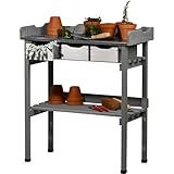 dobar® Pflanztisch mit 3 Schubladen und Ablageboden - Blumentisch aus Massivholz mit Schutzkappen - Gartentisch Outdoor mit verzinkter Arbeitsplatte - 78 x 38 x 88 cm - Grau-Weiß