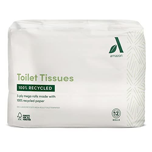 Amazon Aware Toilettenpapier, hergestellt aus 100 % Recycling-Papier, 12 x 3-lagige Rollen