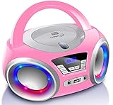 Cyberlux CD-Player mit LED-Beleuchtung | Kopfhöreranschluss | Tragbares Stereo Radio | Kinder Radio | Stereoanlage | USB | CD/MP3 Player | FM Radio | Kopfhöreranschluss | Aux In (Pretty Kitty Pink)