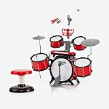 KOMFOTTEU Schlagzeug für Kinder mit Hocker, Jazz-Schlagzeug mit Mikrofon, Schlagzeugset mit 5 Trommeln, Tastatur mit 8 Tasten, 2 Schlägel, MP3-Anschluss, Schlaginstrument für Kinder ab 3 Jahren