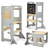 Labebe Lernturm für Kinder, Montessori Learning Tower mit Tafel, Multifunktion 3 in 1 Faltbarer Lernturm, Lernturm ab 1 Jahr für Küche Tisch Bad Lerntower（Grau）