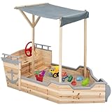 IDMarket - Sandkasten World aus Holz, Piratenschiff, mit Sitzbank und grauem Dach