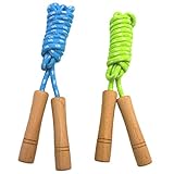 Homello Verstellbare Springseil für Kinder, Springen Seil mit Holzgriff und Baumwollseil, ideal für Fitness Training/Spiel/Fett Brennen Übung - 260cm (Blau + Grün, 2 Stück)