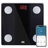 SENSSUN Körperfettwaage Digital Personenwaagen,Waage Personen mit APP, Smart Waage Bluetooth Körperanalysewaage mit Körperzusammensetzungsfunktion,150KG/330LB,26 * 26CM,LED-Display(Schwarz)