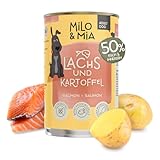 Milo & Mia - Adult Nassfutter für Hunde, getreidefreie Tierarztrezeptur in Lebensmittelqualität, durch Monoprotein besonders schonend für Magen & Darm, natürliche Zutaten: Lachs & Kartoffel (1 x 400g)