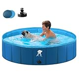 Fwiull Hundepool für Große & Kleine Hunde, Faltbarer Hunde Planschbecken 160 * 30CM Hundebadewanne Stabiler Swimmingpool Haustier Kind Schwimmbecken rutschfest Tragbar Blau