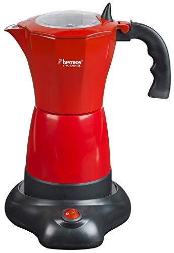 Bestron Elektrischer Espresso-Kocher mit Basis, Viva Italia, Für 6 Espressotassen: 180 ml, 480 Watt, Aluminium, Rot