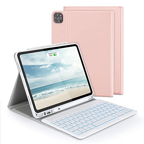Tastatur Hülle Beleuchtet, Funktastatur mit Hülle für iPad Air 5 Generation 2022/iPad Air 4 Generation 2020 (10.9 Zoll), iPad pro 11 2021/2020/2018(3./2./1.Gen), Bluetooth QWERTZ Tastatur,Rosagold