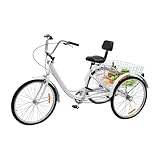 ARBGO 24 Zoll Dreirad for Erwachsene, Green Travel, 6-Gang, Dreirad-Fahrrad, 3-Rad-Cruiser-Fahrrad, mit Lordosenstütze, großem Korb, Grüne Reise-Sightseeing-Tour-Werkzeuge