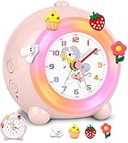 SOCICO Analoger Kinder Wecker, Einhorn Design, Lautlos, Ohne Ticken Niedlicher Pfirsich Wecker, mit Buntem Licht, Einstellbare Lautstärke (Blassrosa)
