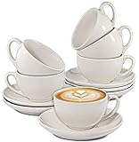 6 Cappuccino-Tassen aus weißer Keramik – mit Untertassen – 180 ml – mit Geschenkbox – spülmaschinenfest