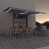 Qnhdfrt Manuell Einziehbare Markise mit Solar LED 600x350 cm Blau Weiß Anthrazit Rahmen für Balkon Terrasse Garten Sonnenschutz und Kühlung im Außenbereich