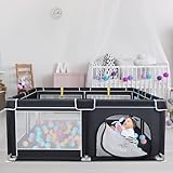 UISEBRT Laufstall Baby Laufgitter Schutzgitter mit Rutschfester Basis und Atmungsaktivem Netz und 50 Bälle, Stabiler Absperrgitter Aktivitätszentrum für Kinder,Schwarz - 150x180cm
