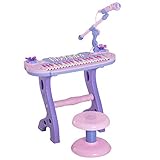 HOMCOM Kinder Klavier 37 Tasten Elektronisches Keyboard Klavier Set Geschenk Klavier Spielzeug Lernspielzeug für Kinder +3 Jahre mit Mikrofon Hocker Lichter und 22 Lieder USB/MP3 Karaoke Rosa