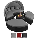BB Sport Poly Rattan Sonneninsel Ø 180 cm Groß Lounge Muschel Sonnendach Faltbar Klappbar 10cm Dicke Auflagen Zierkissen Garteninsel Terrasse Garten, Farbe:Titan-Schwarz/Kieselstrand