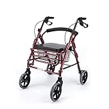 Standard Walkers Gehhilfe für ältere Menschen, Aluminium-Rollator mit 4 Rädern, Sitz und Rückenlehne, Korb, Rehabilitationstraining, höhenverstellbar, Rot