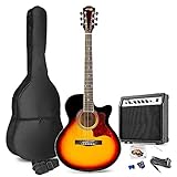 MAX ShowKit Elektro Akustik Gitarre Set mit Verstärker 40 Watt, Gitarrentasche, Gitarrenstimmgerät, Instrumentenkabel, Plektrum und E Akustikgitarre mit Tonabnehmer, Sunburst