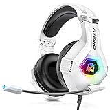 Gaming-Headset PS4 Pro, Xbox One Over-Ear RGB 7 Farben Transduktoren 50 mm Stereo Bass Mikrofon Geräuschunterdrückung verstellbar kompatibel PS5 Switch Xbox Series X & S – Weiß