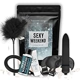 SEXY WEEKEND 7-teiliges erotisches Geschenkset – Cockring, Würfelspiel, Mini Vibrator, Augenmaske, Federkitzler, Massageöl, Gleitgel & Rosenblätter – Das perfekte Set für lustvolle Momente zu zweit