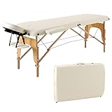 Panana 2-Zonen Massageliege Tragbare Massagebank Höhenverstellbarer Massagetisch mit Kopfstütze und Abnehmbare Armlehnen aus Holz (Beige)