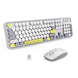 FOPETT Kabellose Tastatur und Maus mit 2,4 GHz, Tastatur in voller Größe, kompatibel mit Windows/Laptop/PC/Notebook/Smart TV und mehr, Grau / Bunt