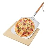 Mimiuo Pizzaschaufel Holz mit Pizzastein aus Cordierit für Backofen, Schneidebrett Holz für Gemüse und Obst, rechteckig Pizzastein