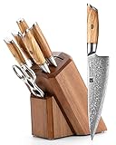XINZUO 8-Teilig Messerblock Sets-73 Schichten Damastpulverstahl Profi Küche Kochmesser Set -Olivenholz Griff -mit Akazienholz Messerblock, Multifunktions Küchenschere und Diamant Wetzstahl