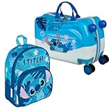 Kinderkoffer Ride-On Disney Stitch, Koffer Set mit Kinderrucksack, Personalisiert mit Name, Trolley zum Draufsitzen, Handgepäck Reisekoffer