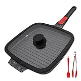 RANX INGST Grillpfanne Induktion mit Abnehmbarer Griff, 26 x 24 cm Steakpfanne mit Deckel Antihaft Beschichtet Aluminium Grill Pfanne, Alle Herdarten - Schwarz