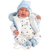 Llorens Puppe Tino mit blauen Augen und weichem Körper, Babypuppe inkl. Stampler, Mütze und kuscheliger Weste, Puppenjunge, 44cm