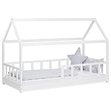 Homestyle4u 2385, Kinderbett mit Lattenrost Hausbett mit Rausfallschutz 90x200 cm Weiß Holz Kiefer