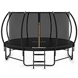 CalmMax Trampolin Outdoor Ø 305 Kindertrampolin mit Sicherheitsnetz Stützbalken & Leiter, Gartentrampolin für Kinder & Erwachsene Belastbarkeit 205kg Schwarz