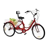 awolsrgiop Dreirad für Erwachsene 24 Zoll Klappbar, 3 Räder 7 Gang Adult Fahrrad Erwachsenendreirad Dreirad Fahrrad Tricycle Fahrrad Cruise Bikes Mit LED Licht Gemüsekorb Becherhalter (Rot)